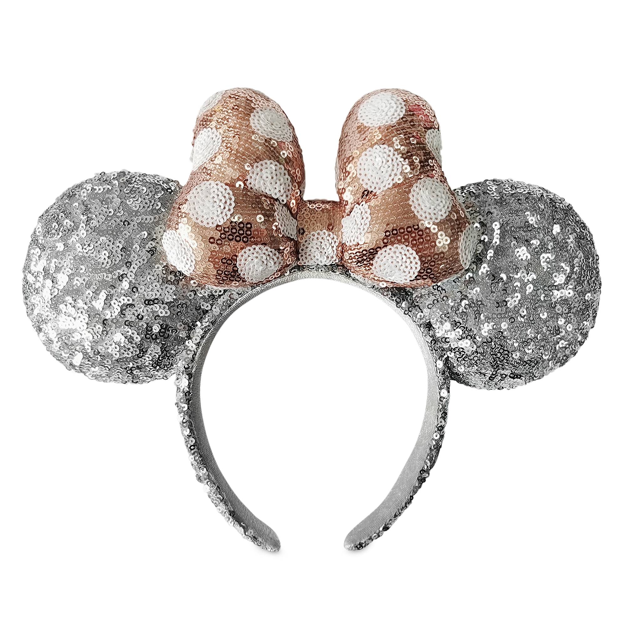 Minnie Mouse Silver Sequined Ear Headband with Rose Gold Bow image